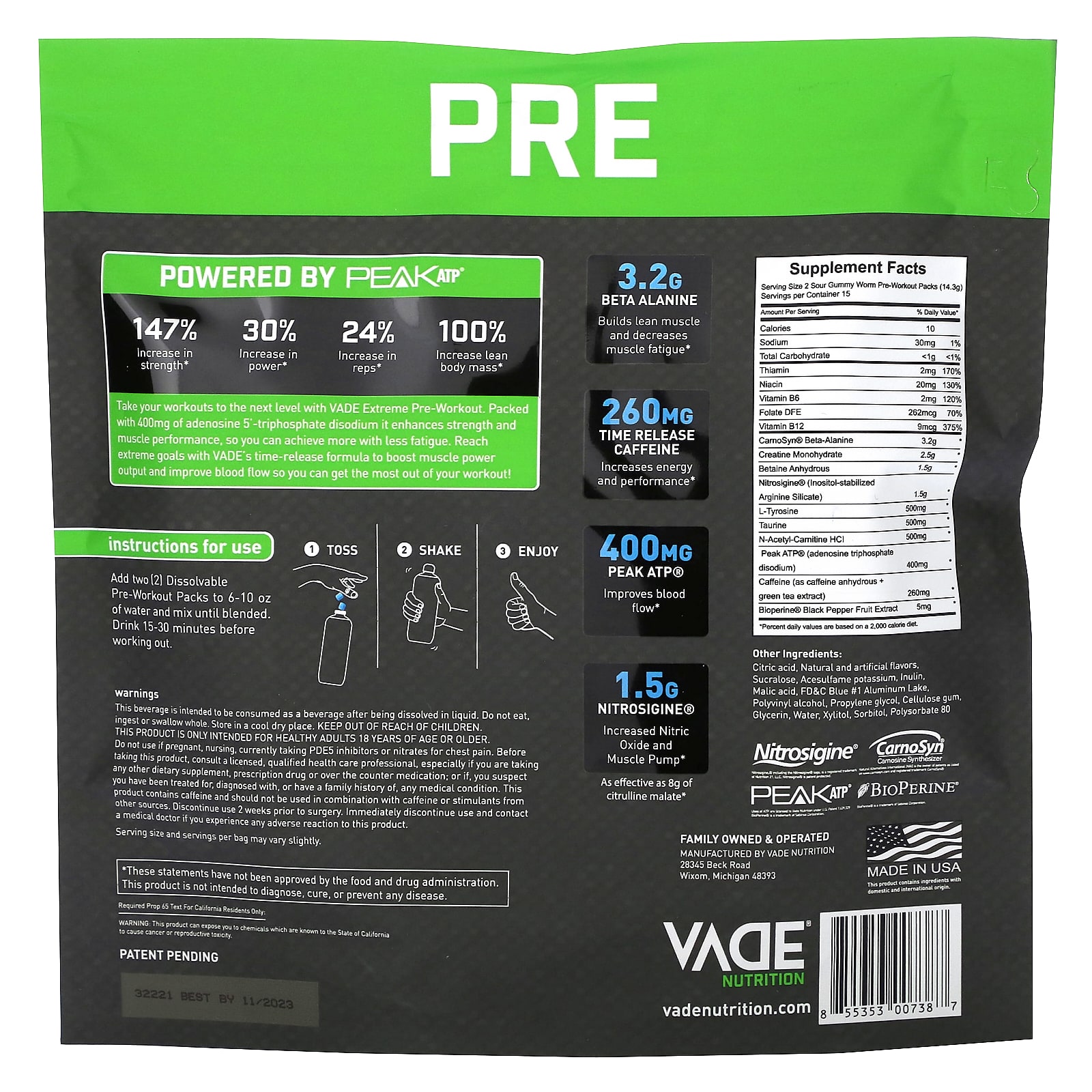 Vade Nutrition, Dissolvable PreWorkout Packs, Sour Gummy Worm, 0.47 lb