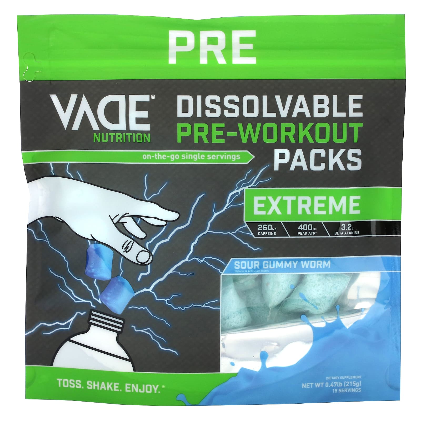 Vade Nutrition, Dissolvable PreWorkout Packs, Sour Gummy Worm, 0.47 lb