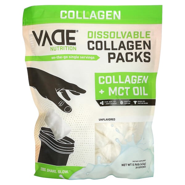 Vade Nutrition, Dissolvable Collagen Packs, Collagen + MCT Oil, Unflavored, 0.96 lb (434 g)