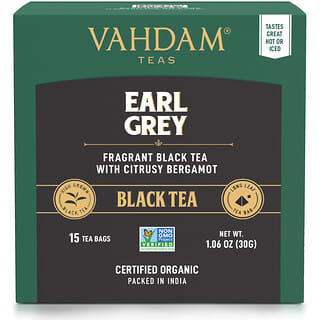Vahdam Teas, شاي أسود، إيرل غراي بالبرغموت الحمضي، 15 كيس شاي ، 1.06 أونصة (30 جم)