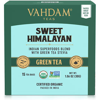 Vahdam Teas, شاي أخضر، حلو من جبال الهيمالايا، 15 كيس شاي، 1.06 أونصة (30 جم)