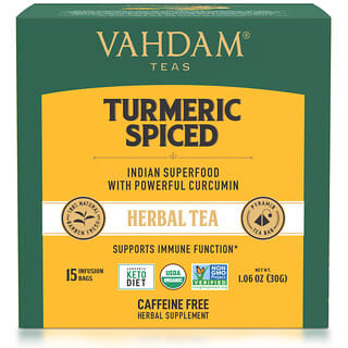 Vahdam Teas, Té de hierbas, Cúrcuma especiada, Sin cafeína, 15 bolsitas de té, 30 g (1,06 oz)