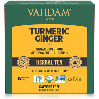 Vahdam Teas, Herbal Tea, Turmeric Ginger, Caffeine Free, 15 Infusion Bags, 1.06 oz (30 g)
