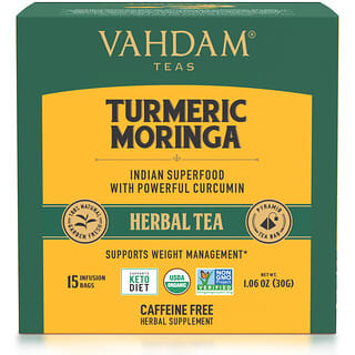 Vahdam Teas, 零咖啡萃取薑黃辣木草本茶，15 袋裝，1.06 盎司（30 克）
