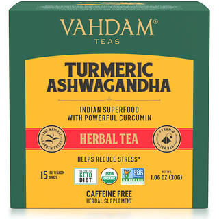 Vahdam Teas, Té de hierbas, Cúrcuma y ginseng indio, Sin cafeína, 15 bolsitas de infusión, 30 g (1,06 oz)
