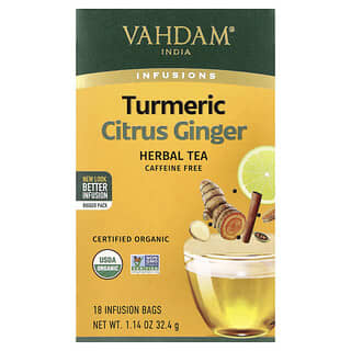 Vahdam Teas, Infusions, травяной чай, куркума и имбирь, без кофеина, 18 пакетиков для заваривания, 32,4 г (1,14 унции)