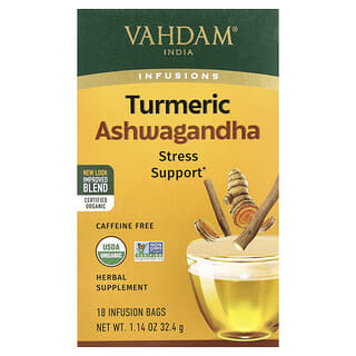 Vahdam Teas, Forrázatok, gyógynövénytea, kurkuma ashwagandha, koffeinmentes, 18 infúziós zacskó, 32,4 g (1,14 uncia)