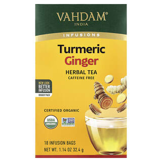 Vahdam Teas, Infusions, травяной чай, куркума и имбирь, без кофеина, 18 пакетиков для заваривания, 32,4 г (1,14 унции)