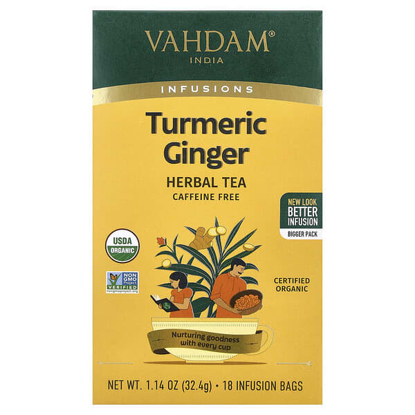 VAHDAM India, Infusions, 허브차, 강황 생강, 카페인 무함유, 인퓨전 백 18개, 32.4g(1.14oz)