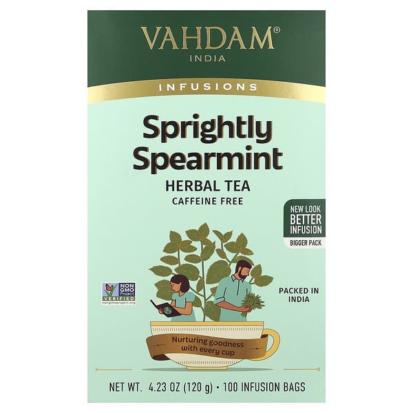 VAHDAM India, Infusions, 허브차, Spritely 스피어민트, 카페인 무함유, 인퓨전 백 100개, 120g(4.23oz)