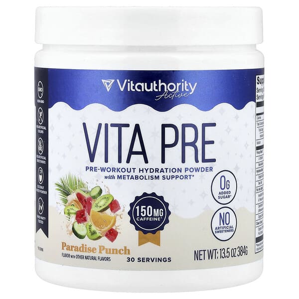 Vitauthority Active, Vita Pre, Pre-Workout Hydration Powder, Paradise Punch, 13.5 oz (384 g)