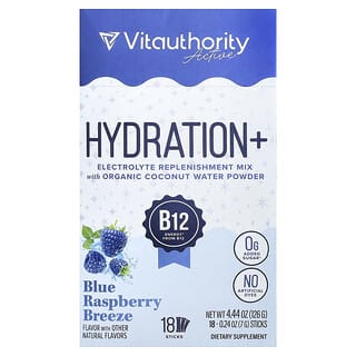Vitauthority, Aktiv, Hydration+, Blå Hindbærbrise, 18 Sticks, 7 g pr. Stick