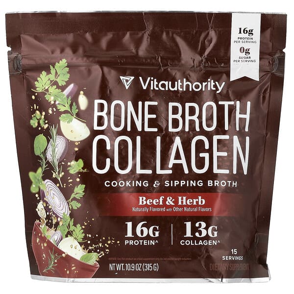 Vitauthority Bone Broth Collagen, Cooking & Sipping Broth, Beef & Herb, 10.9 oz (315 g)