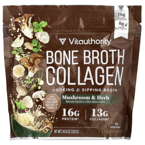 Vitauthority Bone Broth Collagen, Cooking & Sipping Broth, Mushroom & Herb, 10.9 oz (312 g)