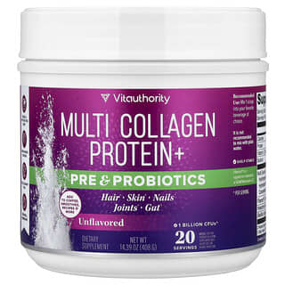 Vitauthority, Multi Collagen Protein+ Pre & Probiotics, Multi-Kollagen-Protein + Prä- und Probiotika, geschmacksneutral, 408 g (14,39 oz.)