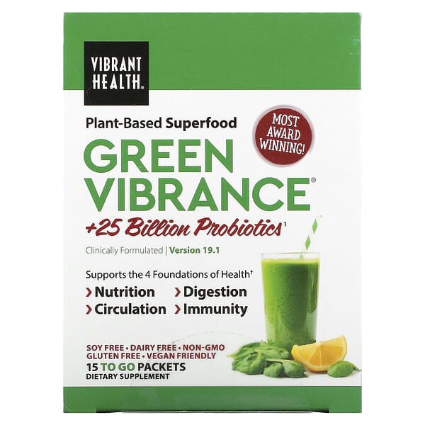 Vibrant Health, Green Vibrance +25 Bilhões de Probióticos, Versão 19.0, 15 Pacotes, 168,9 g (5,96 oz)