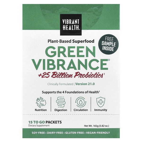 Vibrant Health, Green Vibrance® +25 Billion Probiotics, Version 21.0, 15 To Go Packets, 5.82 oz (165