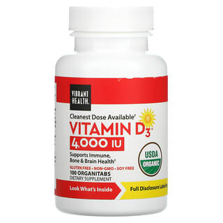 Vibrant Health, Vitamin D3（ビタミンD3）、4,000 IU、オーガニックタブレット100粒