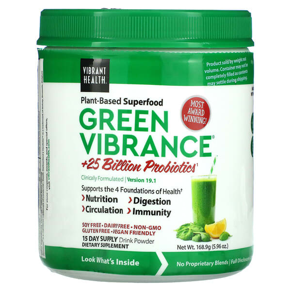 Vibrant Health, Green Vibrance +25 Billion Probiotics, Grüngemüse-Mischung mit über 25 Milliarden Probiotika, Version 19.1, 168,9 g (5,96 oz.)