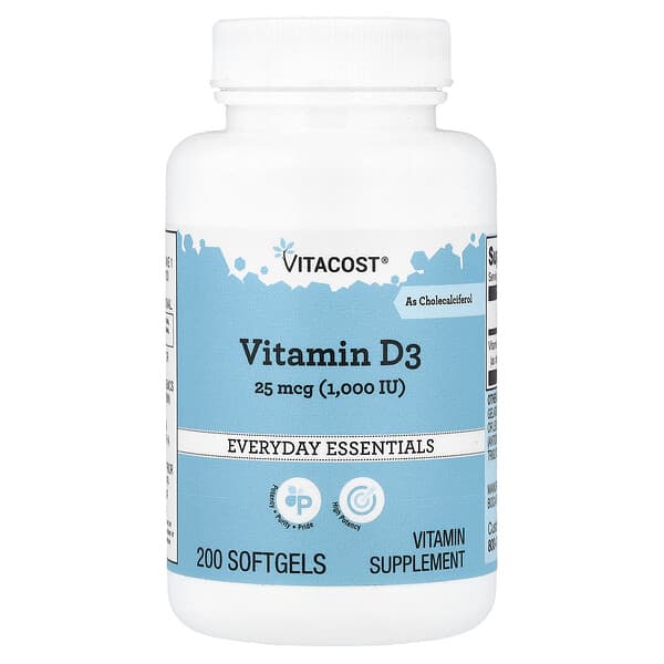 Vitacost, 비타민D3, 25mcg(1,000IU), 소프트젤 200정