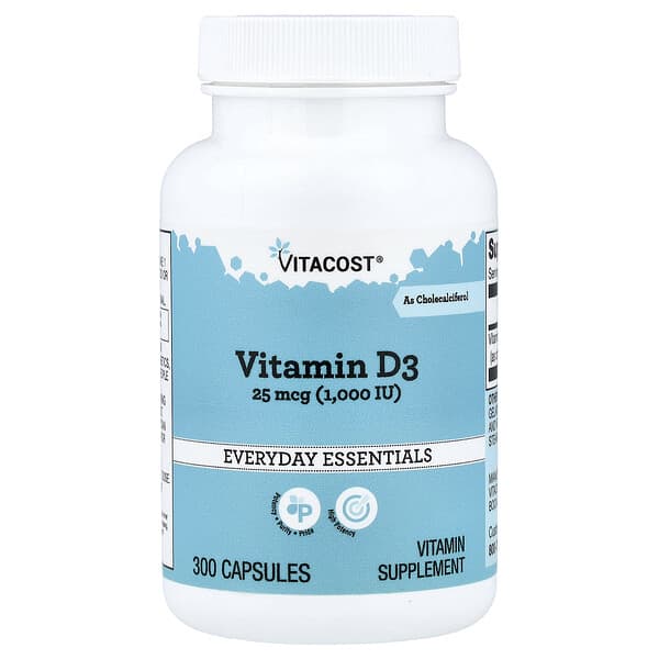 Vitacost, 비타민D3, 25mcg(1,000IU), 캡슐 300정