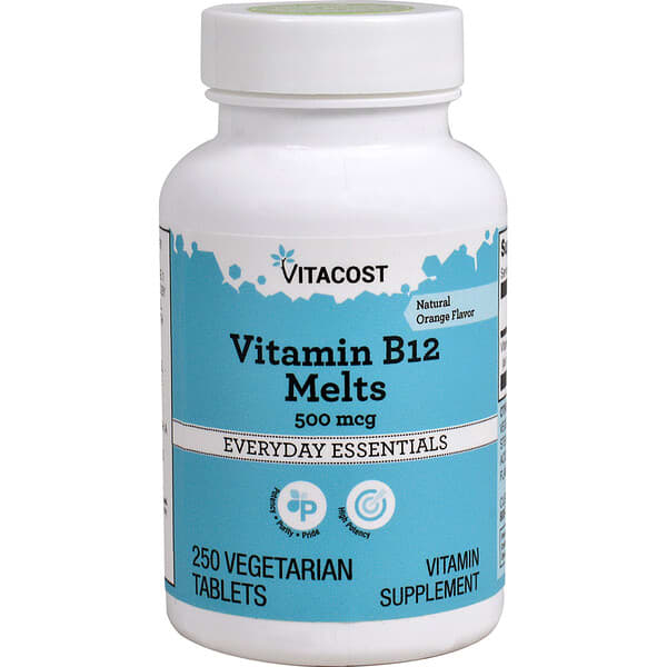 Vitacost, 비타민B12 Melts, 천연 오렌지, 500mcg, 베지 정제 250정