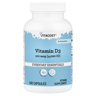 Vitacost, Everyday Essentials, Vitamine D3, 100 µg (4000 UI), 300 capsules