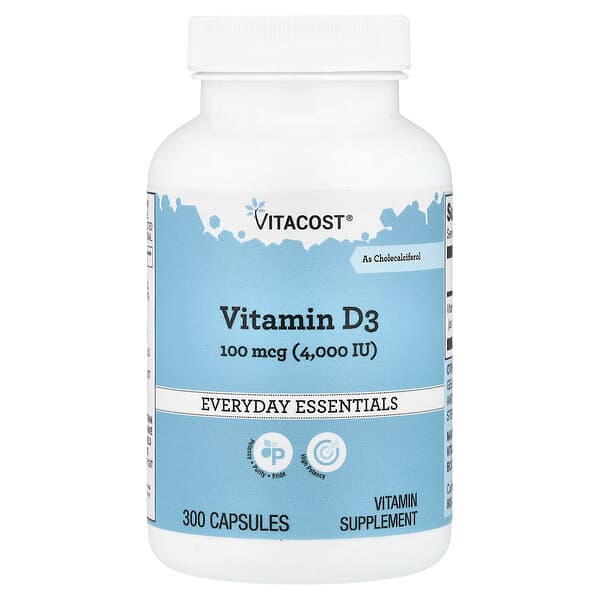 Vitacost, Everyday Essentials, Vitamin D3, 100 mcg (4000 IU), 300 Capsules — product photo 1