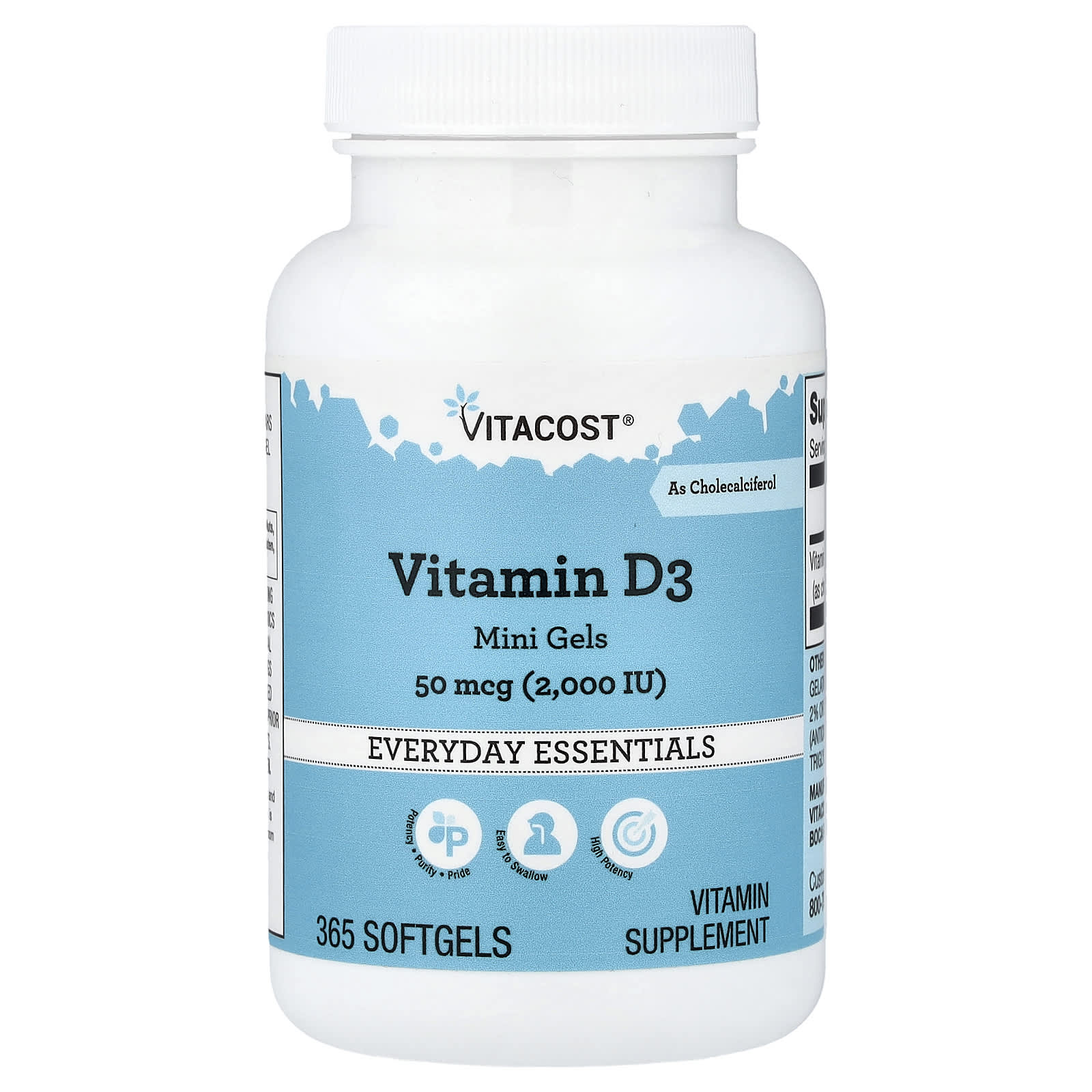 Vitacost, 维生素 D3 迷你凝胶，50 微克（2,000 国际单位），365 粒软胶囊
