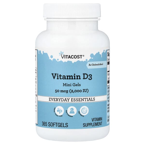 Vitacost, Vitamin D3 Mini Gels, 50 mcg (2,000 IU), 365 Softgels — product photo 1