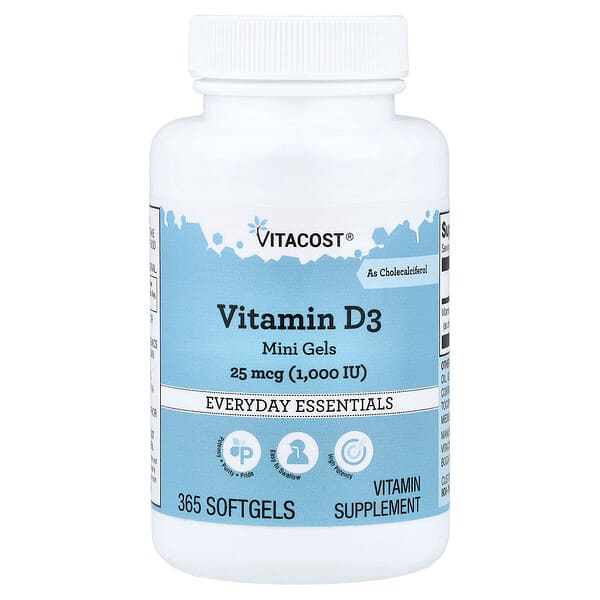 Vitacost, Vitamin D3 Mini Gels, 25 mcg (1,000 IU), 365 Softgels — product photo 1