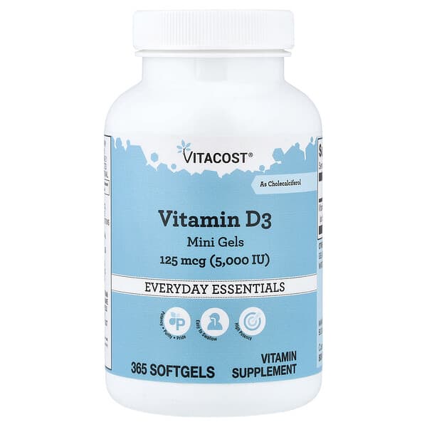 Vitacost, Vitamin D3 Mini Gels, 125 mcg (5,000 IU), 365 Softgels — product photo 1