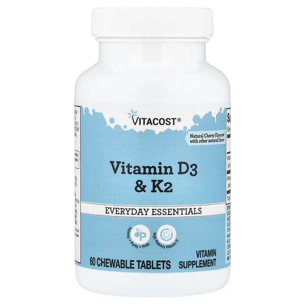 Vitacost, Everyday Essentials, Vitamin D3 & K2, Natural Cherry, 60 Chewable Tablets — product photo 1