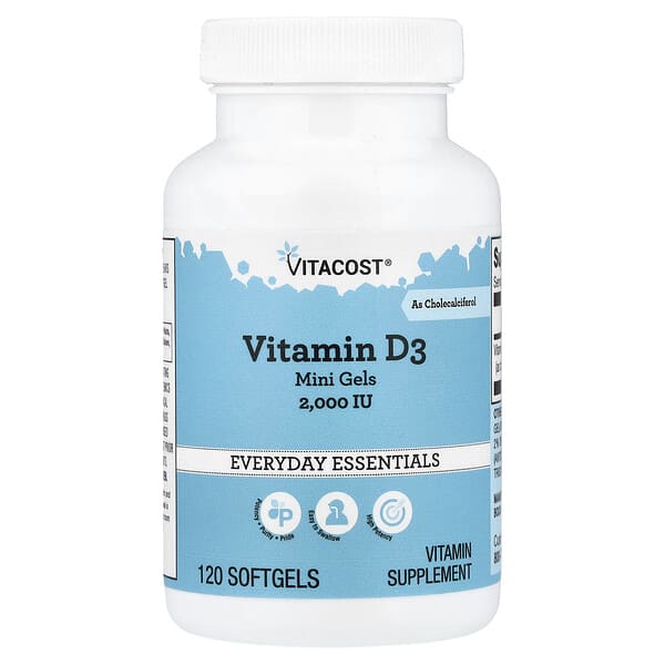 Vitacost, Everyday Essentials, Vitamin D3 Mini Gels, 50 mcg (2,000 IU), 120 Softgels — product photo 1