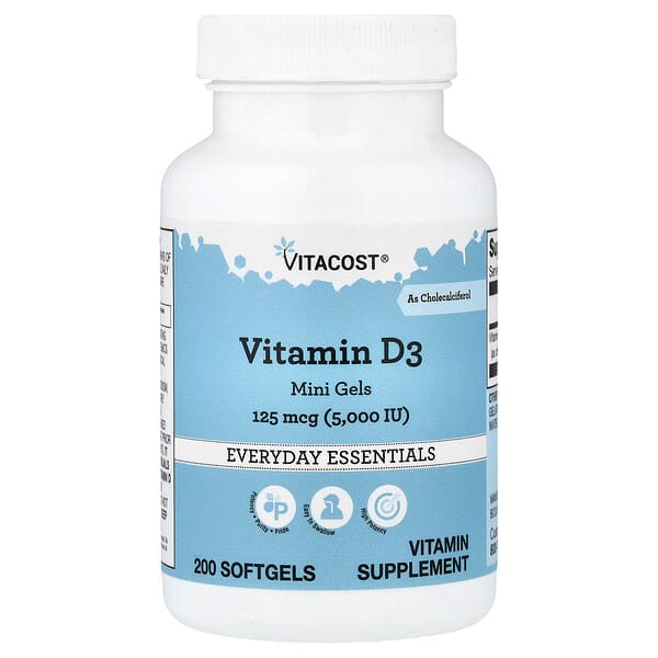 Vitacost, Vitamin D3 Mini Gels, 125 mcg (5,000 IU), 200 Softgels — product photo 1