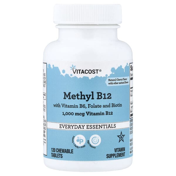 Vitacost, 메틸B12, 비타민B6 함유, 엽산 및 비오틴 맛, 천연 체리 맛, 츄어블 정 120정