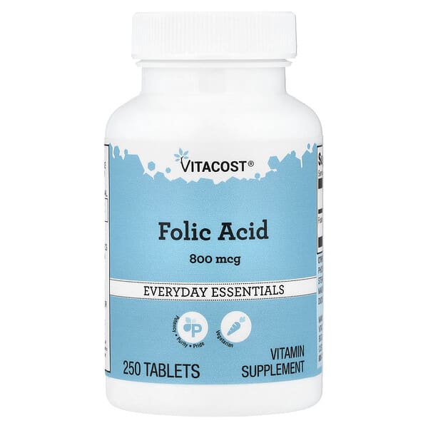 Vitacost, Everyday Essentials, Folic Acid, 800 mcg, 250 Tablets — product photo 1