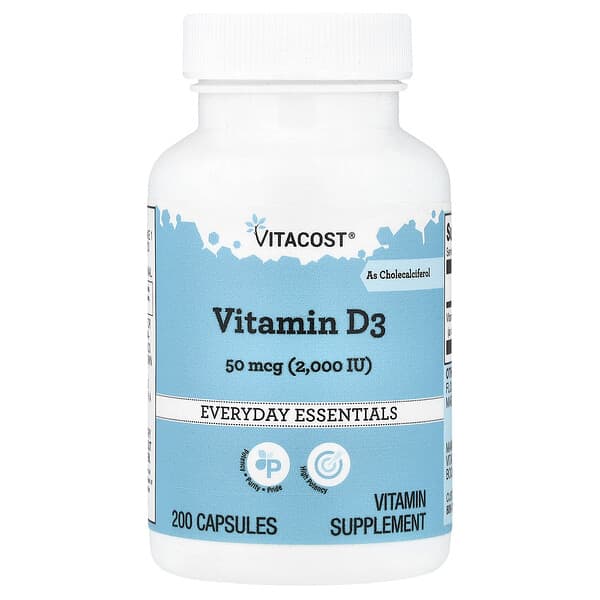 Vitacost, 비타민D3(콜레칼시페롤), 50mcg(2,000IU), 캡슐 200정