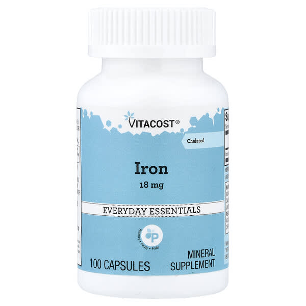 Vitacost, Everyday Essentials, Iron, Chelated, 18 mg, 100 Capsules