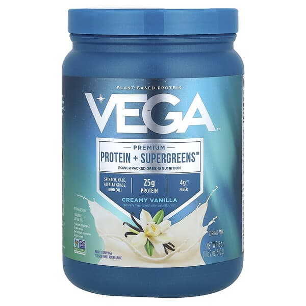 Vega, Protein + Supergreens™ ระดับพรีเมียม รสครีมมี่วานิลลา ขนาด 1 ปอนด์ 2 ออนซ์ (510 ก.)