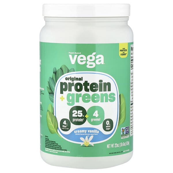 Vega Plant-Based Protein + Greens, Creamy Vanilla, 1 lb 6 oz (624 g)