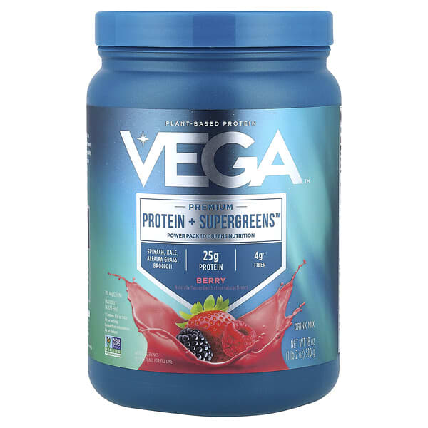 Vega, Protein + Supergreens™ ระดับพรีเมียม รสมิกซ์เบอร์รี่ ขนาด 1 ปอนด์ 2 ออนซ์ (510 ก.)