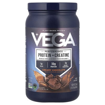 Vega, Plant-Based Performance Boosting Protein + Creatine, Creamy Chocolate, 1 lb 7.4 oz (663 g)