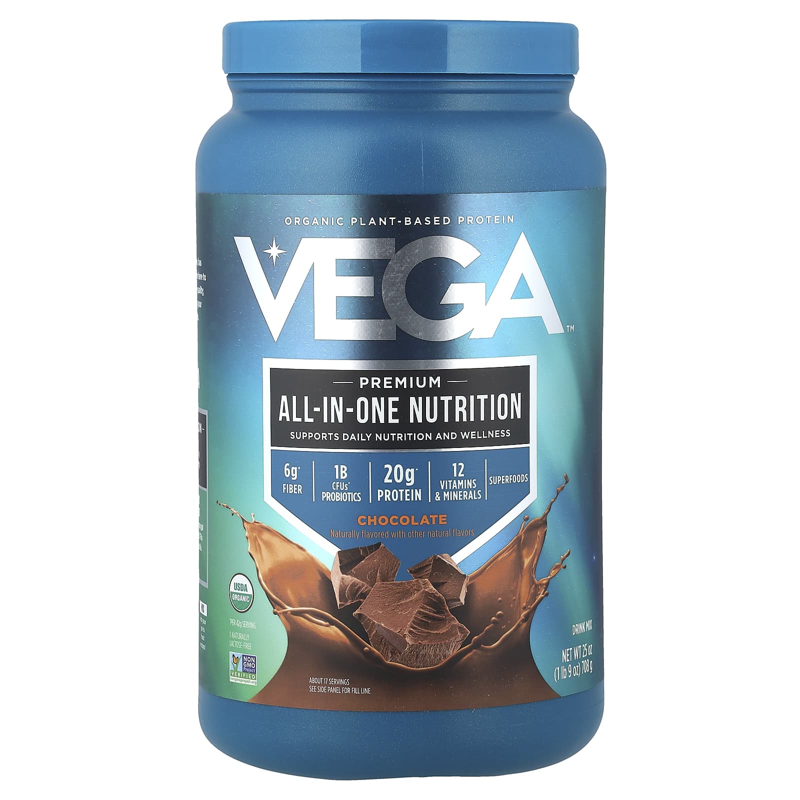 Vega, органический растительный протеин, комплекс премиального качества, шоколад, 708 г (1 фунт 9 унций)