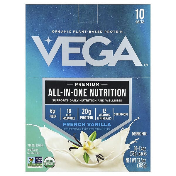 Organic Plant-Based Protein, Premium All-In-One Nutrition, French Vanilla, 10 Packs, 1.4 oz (38 g) Each