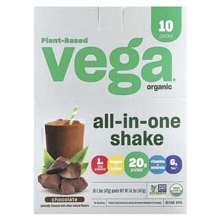 Vega, Plant-Based Organic All-In-One Shake, Chocolate, 10 Packs, 1.5 oz (42 g) Each