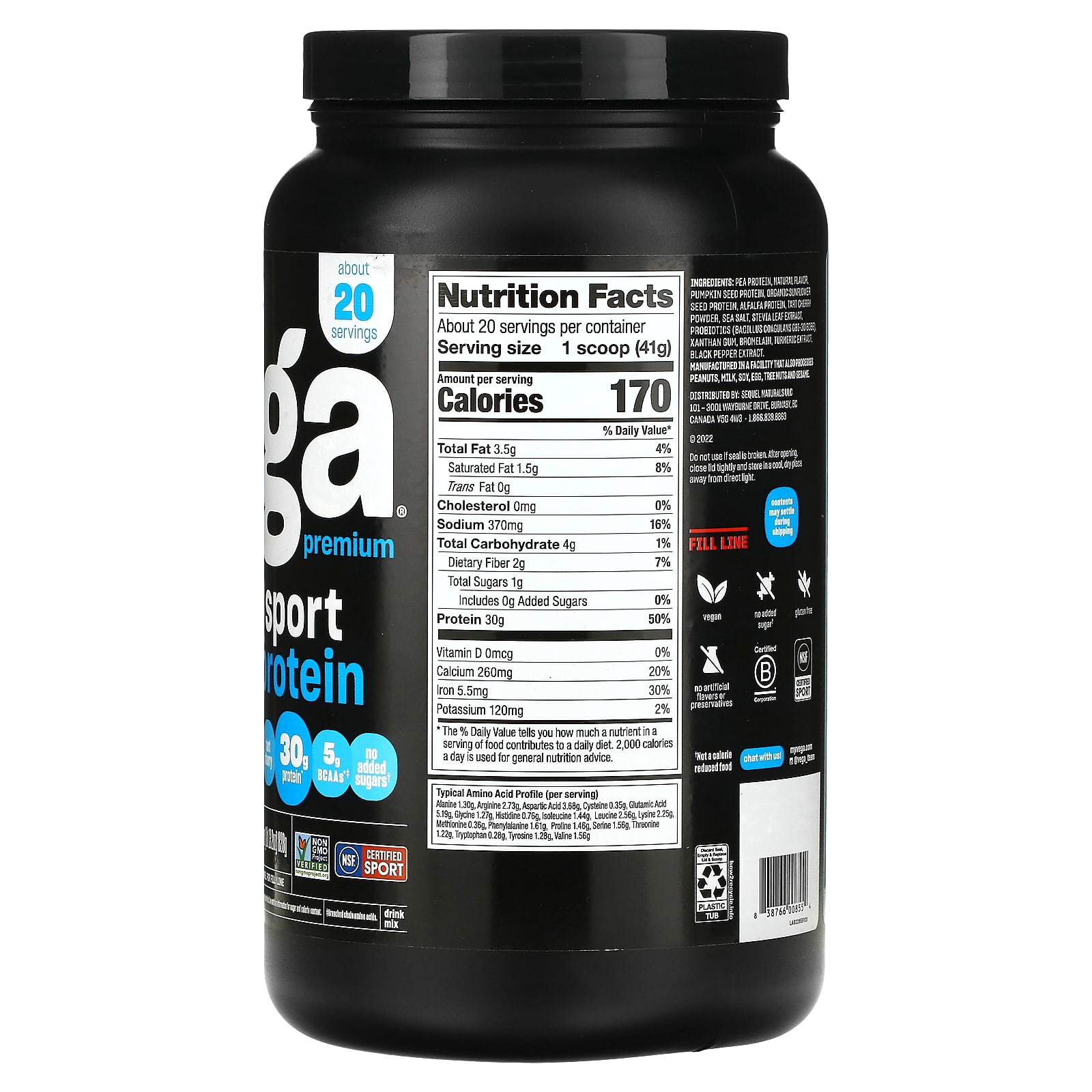 Vega Sport Plant Based Premium Protein Powder Vanilla 29 2 Oz 828 G 