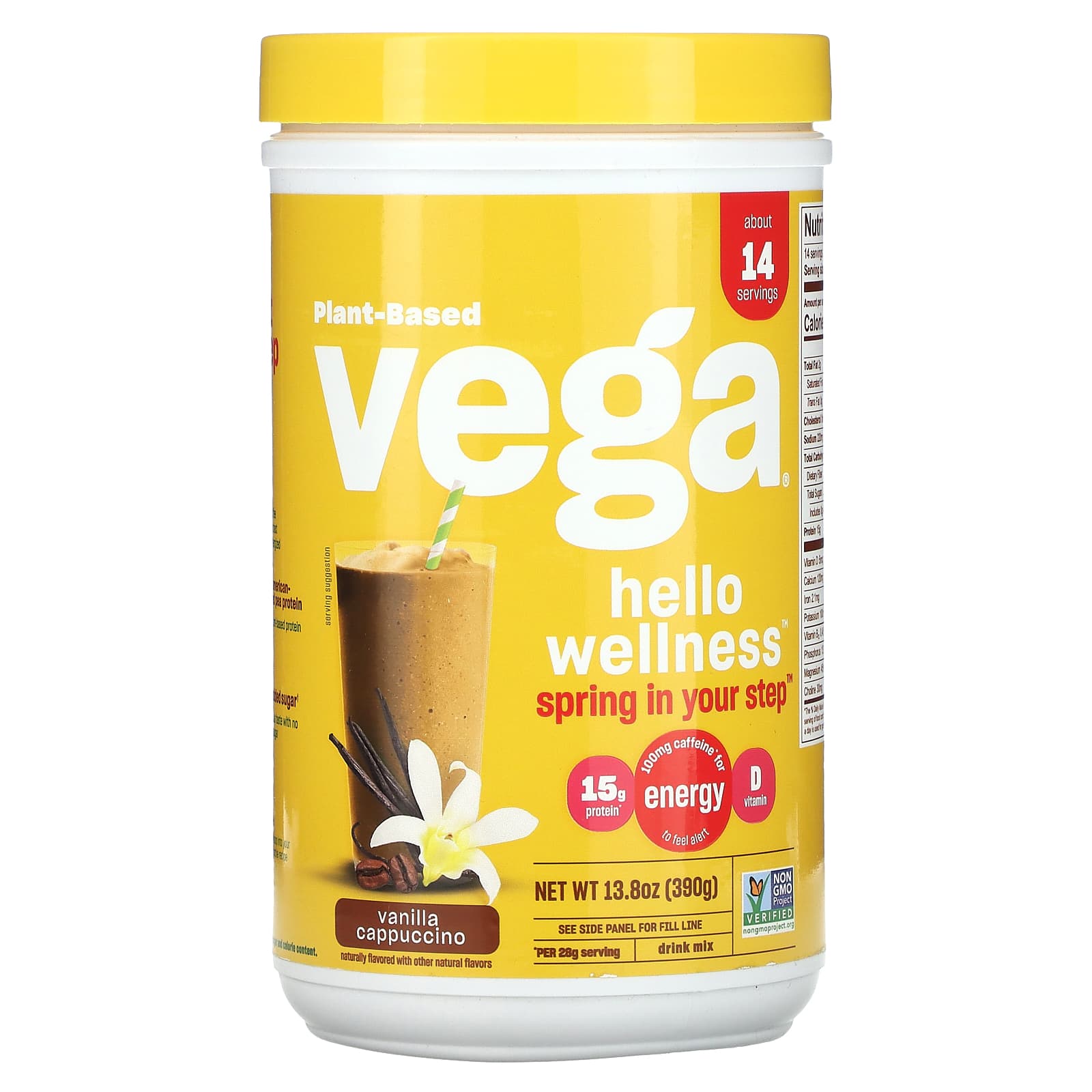 Vega, PlantBased, Hello Wellness Drink Mix, Vanilla Cappuccino, 13.8