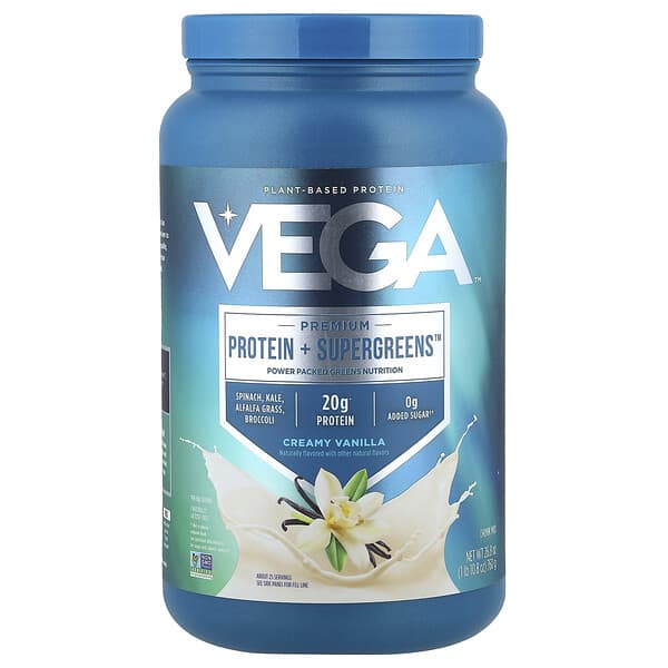 Vega, Protein + Supergreens™ ระดับพรีเมียม รสครีมมี่วานิลลา ขนาด 1 ปอนด์ 10.8 ออนซ์ (760 ก.)