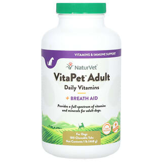 NaturVet, VitaPet pour adultes, Vitamines quotidiennes + Aide à la respiration, Pour chiens, 180 comprimés à croquer, 468 g